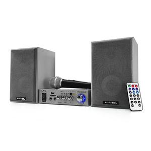 Pack HiFi Karaoke 2 Enceintes Surround Silver 100W + Ampli Bluetooth/USB/SD + Micro