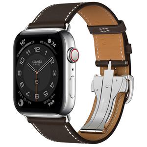 Apple Watch (Series 4) Septembre 2018 44 mm - Acier inoxydable Argent - Bracelet Cuir Ébène Barenia